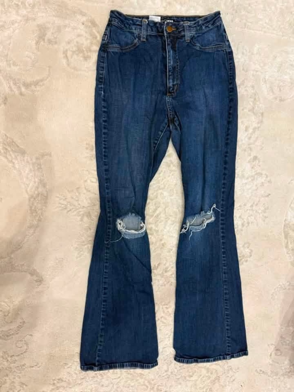 Fashion Nova Dark Blue Flared Ripped Knee Jeans